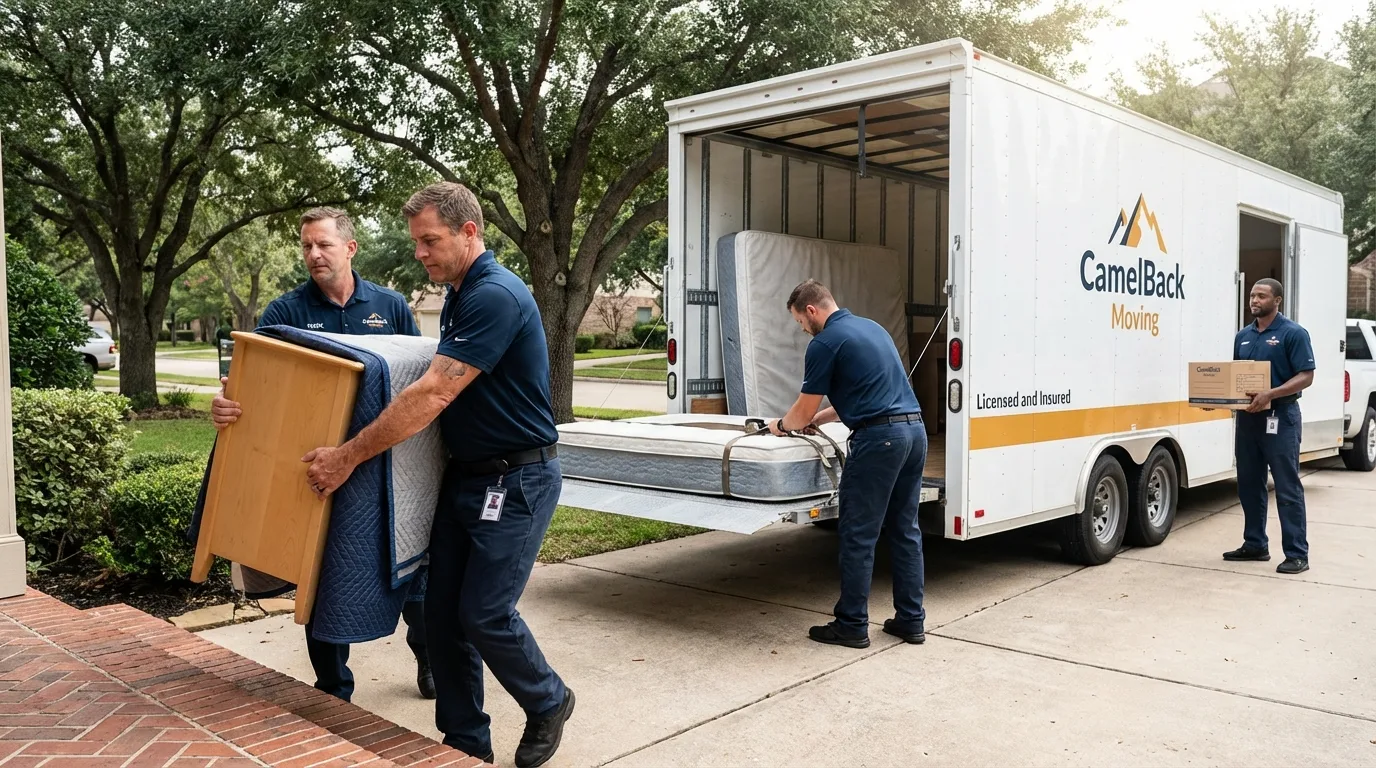Crew loading residential truck for cross-state move from Belle Plaine, MN