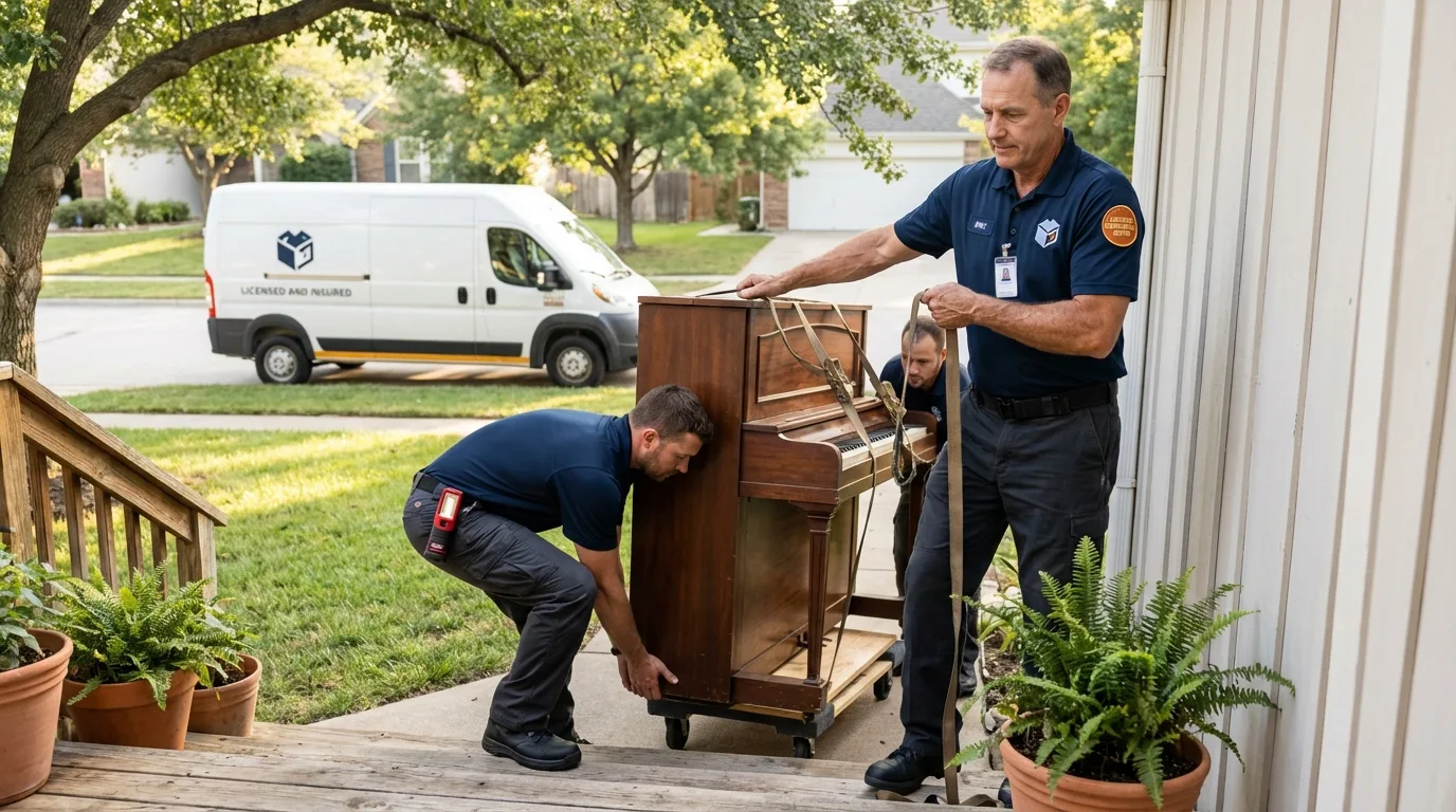 Licensed piano movers securing grand piano in Belle Plaine, MN