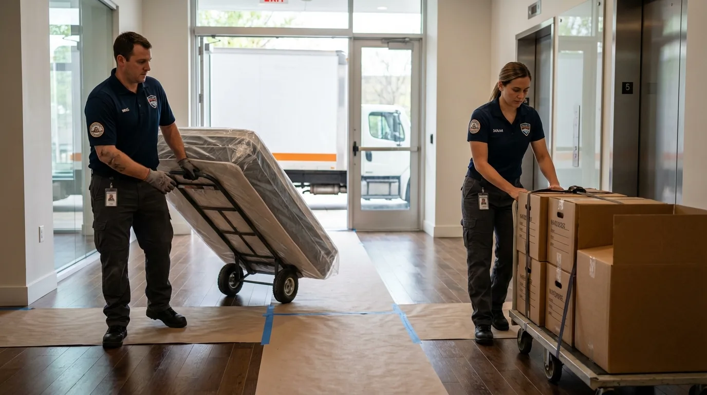 Professional apartment movers loading elevator in Belle Plaine, MN
